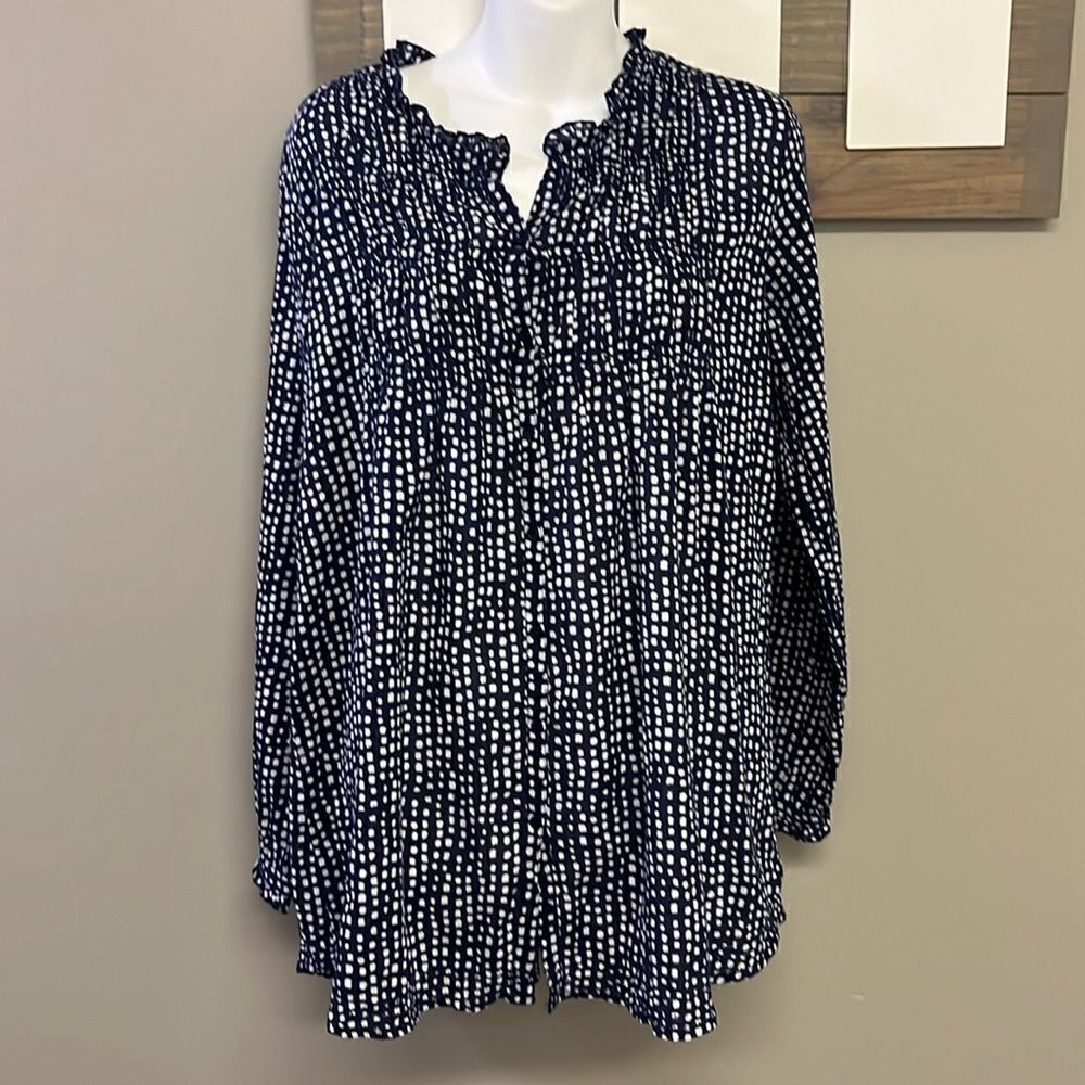 Lola Australia Navy Abstract Dotted Cotton Button Down V-Neck Ruffled Tunic- Lrg